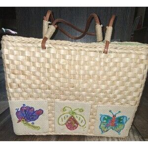 NEW! Quacker Factory Woven Straw Handbag Beaded Seaquin Butterfly Dragonfly